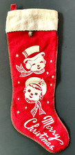 VTG 1950s Classic Red Felt Christmas Stocking w/Snowman Couple Stenciled Graphic picture
