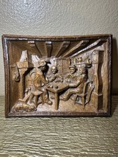 Vintage French 3D Bas-Relief Plaque Rustic 4 Men Playing Cards Gambling Dog picture
