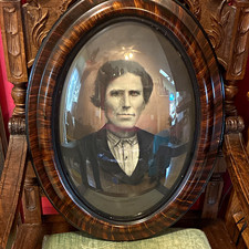 Antique Oval Bubble Glass Tiger Stripe Frame Victorian Crayon Portrait Spooky  picture