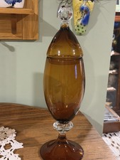 VINTAGE RICH AMBER GLASS / EMPOLI APOTHECARY - COMPORT JAR / BEAUTIFUL LID/ 15