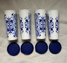 Tupperware Set of 4 Straight Sided Tumblers 16oz  Different Color Blue Filagree picture