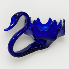 Vintage Cobalt Blue Blown Glass Swan Candy Dish MCM Decorative picture