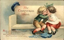 Christmas Children Kissing Clapsaddle c1900s-10s Vintage Postcard bhn picture