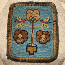 Vintage Native American Beaded Hot Pad Trivet 7” Flower With Birds Colorful picture