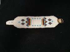 Vtg Native American Sm Glass Beaded Bracelet With Buckskin Base & Metal Buckle picture