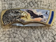 Franklin Mint Collector Pocket Knife Flying Eagle Gold Tone Bolster Soaring Eagl picture