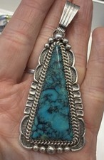 Vtg Will Denetdale Navajo Sterling Silver Webbed Kingman Turquoise Pendant 3.25