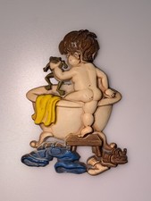 Vintage 1975 Sexton Wall Hanging Boy In Bathtub w/ Frog Metal Art Bathroom Decor picture