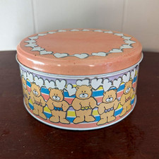 Vintage The Tin Box Company Small Round Pink Hearts Teddy Bear Tin Box w/ Lid picture