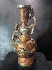 Vintage Mixed Metal Copper Brass Tibetan Ewer Pitcher Dragon India Glass Gems picture