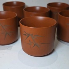Set of 6 Vintage Japanese Tokoname Ware Teacups Yunomi Red Clay Bamboo Carved  picture