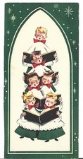 Vtg Christmas Greeting Card 3.25X6.75 SIX CHOIR BOYS SINGING CAROLS IN CHURCH picture