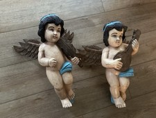 Pair 19th century Renaissance carved polychrome, wood, musical cherub sculptures picture