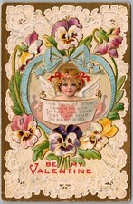 Postcard Antique Be My Valentine Postcard w/Cherub in Blue Bow Heart 1909 iC picture