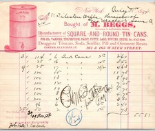 M. Beggs Square & Round Tin Cans Water St NYC 1894 Billhead Vignette Scarce (#2) picture