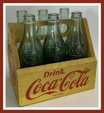 Vtg 1940s Coca-Cola WWII War Wings Wooden Yellow Carrier W/6 Glass Bottles RARE picture