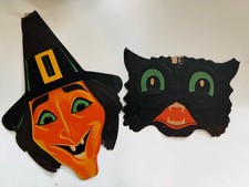 1930’s Vintage Halloween Cardboard Diecut Die Cut Outs Witch Cat USA textured picture