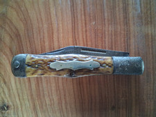 ANTIQUE UNMARKED KABAR? ONE BLADE FOLDING KNIFE STAG ANTLER GRIP SHIELD 5-1/4