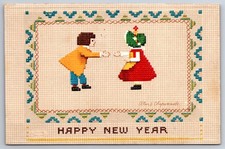Ellen H Clapsaddle New Year Cross Stitch~Boy & Girl Shake Hands~Emboss~IAPC~1913 picture