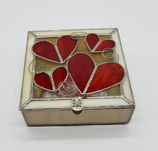 Vintage Handmade Floral Stained Glass Trinket Box Jewelry Mirror Iris 5” picture