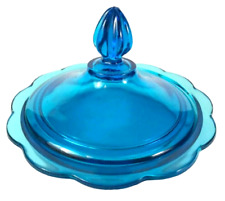 Vintage Blue Art Glass Covered Candy Dish Air Bubbles Scalloped Edge  MCM  picture