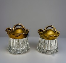 Pair Of Antique Art Nouveau Fostoria Glass Dresser Vanity Jars W/Gilt Lid C.1904 picture