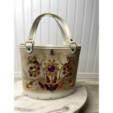 Handbag Wood Base Canvas Enid Collins Jewel Garden Sophistikit 60s Vintage picture