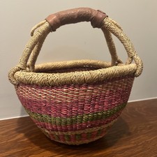 Vtg. BOLGA Market Basket Handwoven African Goat Leather Handle Elephant Grass 9” picture