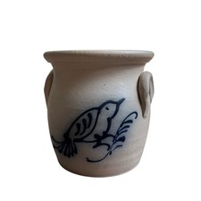 VTG 90’s Crock Salt Glaze Bird Pottery 5” Handles Farmhouse Cobalt Folk Country picture