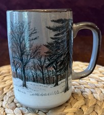Vintage Otagiri Japan Winter Forest Landscape Mug Snowy Pine Tree Brown Rim 5.25 picture