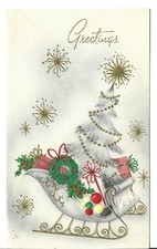 VTG CHRISTMAS CARD 4X6.5 SLEIGH WITH TREE WREATH GIFTS GOLD EMBOSSED SNOWFLAKES picture