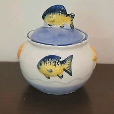 Unique/ Adorable Blue & Yellow Fish And Seashell Lidded Ceramic Sugar Bowl Dish picture