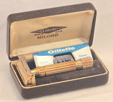 Vintage Gillette Milord Gold-Tone Razor, Case, Super Blue Blade Dispenser NICE picture