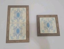 Vtg White & Blue Pattern Tile 2 Pc Trivet w/Carved Footed Frame Dal-Tile Mexico picture