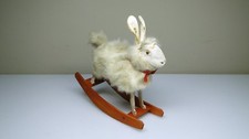 Rare Antique Fur Covered Rabbit Wood Rocking Toy w Leather Ears Glass Eyes Putz picture