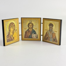 Greek Russian Orthodox Wood Folding Triptych Icon Mary Jesus St Nicholas Sofrino picture