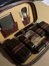Vintage Men’s Leather Travel Grooming Toiletry Kit Mid Century Lucite Vanity Set picture