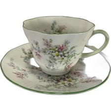 Queen's Staffordshire Fine Bone China Teacup & Saucer Pink Floral Green Trim picture