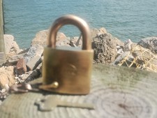 Vintage Best Brass AMOCO OIL Padlock with Original Numbered Key picture