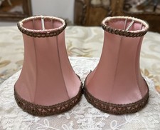 Vintage French Boudoir Pink Satin Lamp Shades Metallic Gold Trim Clip On Set 2 picture