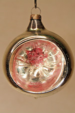 Antique VTG Glass Diorama Spun Pink Net Indent BALL Christmas Ornament Germany picture