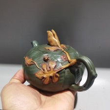 6.3in Chinese Yixing Zisha Green Natural Clay Handmade Bean Vine Teapot Limited picture