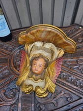 Vintage wood carved polychrome wall console angel head religious picture