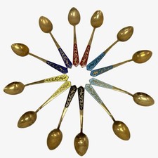 Vintage Thai Bronze Enamel Demitasse Coffee Spoon Set 12 E. Seng Chong Bangkok picture