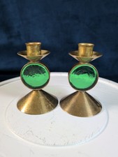 2 Vtg Gunnar Ander Sweden Candlesticks Brass Green Glass MCM picture