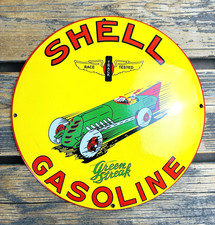VINTAGE DOME SHELL GASOLINE Green Streak RACE TRACK PORCELAIN PUMP STATION SIGN picture