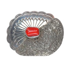 Foster Yazzie Navajo sterling silver Mediterranean coral vintage belt buckle picture