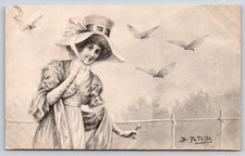 A/S B Patella~Fashionable Lady w/Knob Handle Walking Stick~Large Butterflies~B&W picture