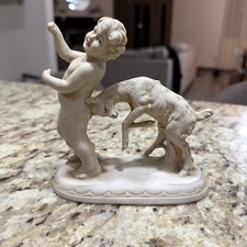 Antique Wallendorf Fine Porcelain Bisque German Figurine Boy & Ram picture
