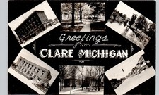 GREETINGS FROM... clare mi c1950 postcard michigan real photo rppc multiview picture